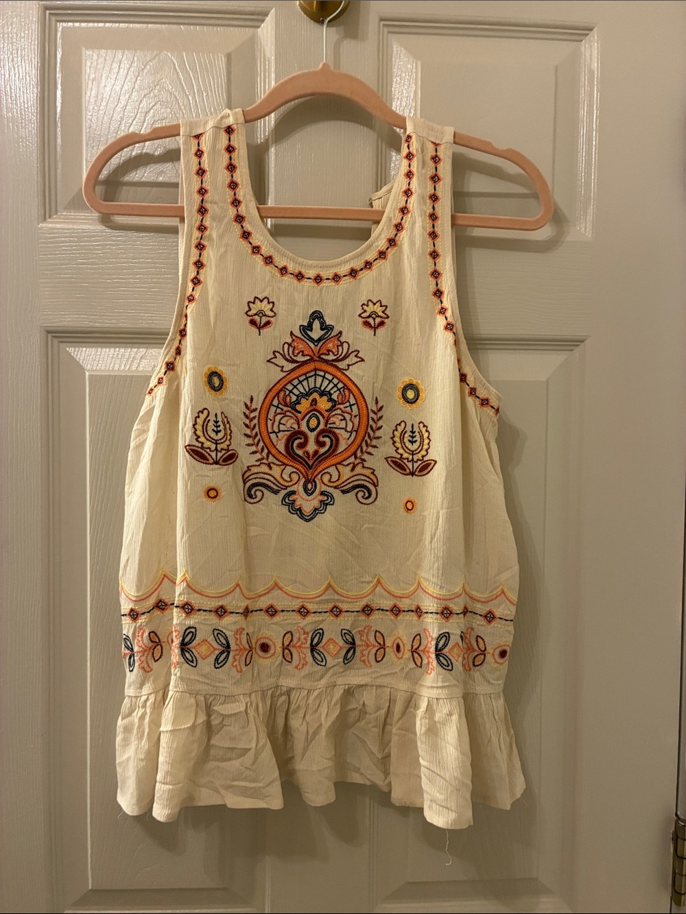 Alya‎ Cream Embroidered Tank Top with Orange and Navy Accents